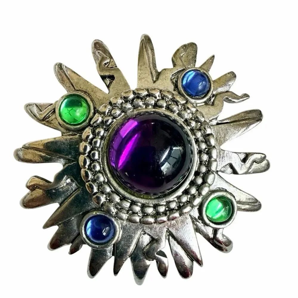 Vintage Silver Tone Sunburst Brooch Purple Green Blue Cabochon Statement Pin